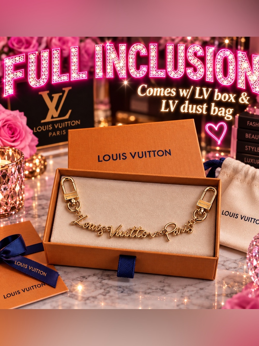LV gold tone scriptcharm chain scripted out - New! FULL INCLUSION